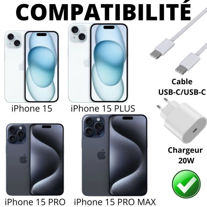Lot 2 Chargeurs Rapide 20W + 2 Cables USB-C USB-C 2 mètres pour iPhone 15 - 15 PLUS - 15 PRO - 15 PRO MAX Phonillico®