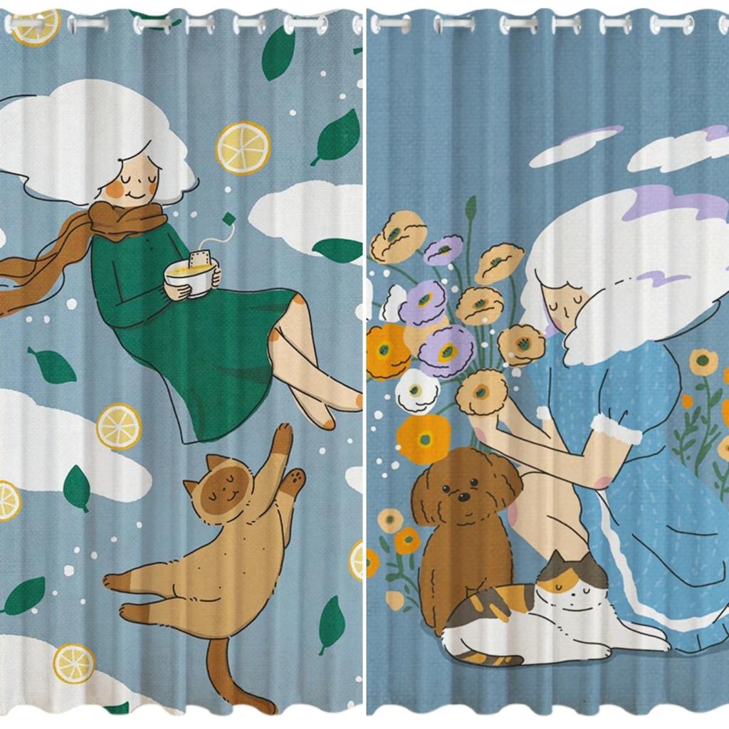 Cute Cat Dog Cartoon High Blackout Curtain Flowers Pattern Bedroom Living Room Bay Window Thick Clackout Drape New Style C