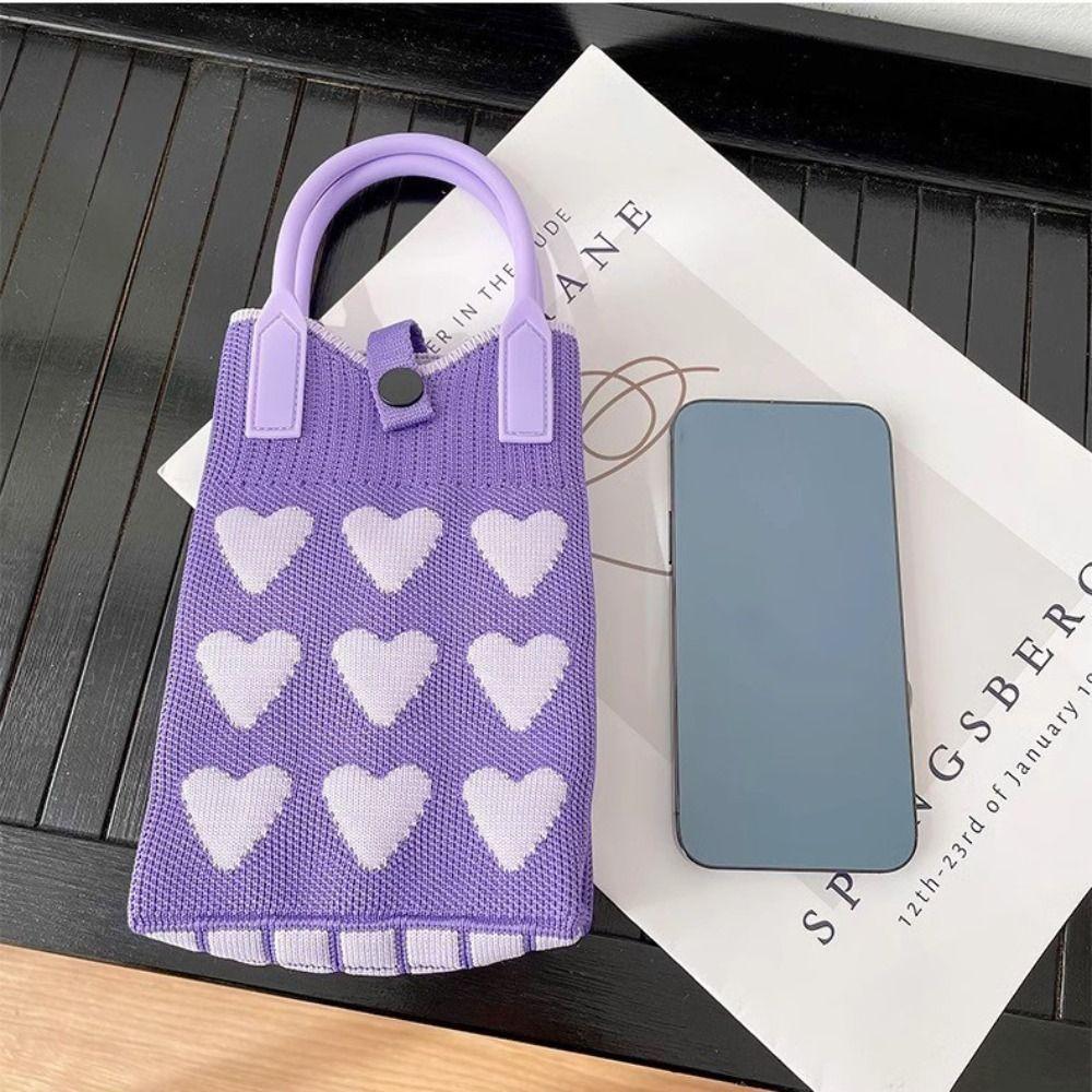 Tote Bag Love Knitted Mobile Phone Bag Mini Silicone Handle Women Mini Shoulder Bag Cute Fashion Knit Phone Pouch