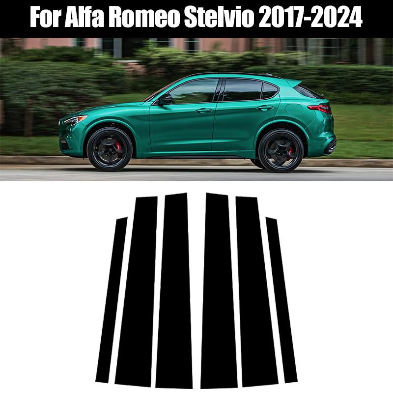 

6 шт., подходит для Alfa Romeo Stelvio 2017-2024, глянцевый черный материал из поликарбоната, зеркальный эффект, центральная часть окна двери автомобиля, средняя часть стойки стойки, накладка на стойку колонки