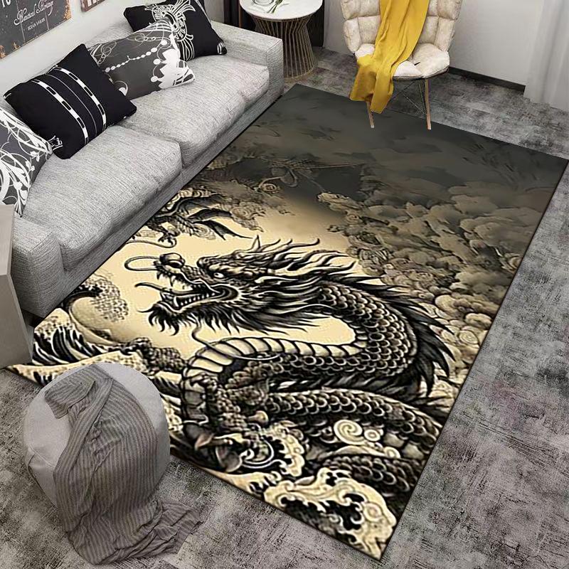 Oriental Dragon Printed Carpet with Ocean Wave Pattern for Home Decor Suitable for use as an anti-slip for living room bedroom sofas