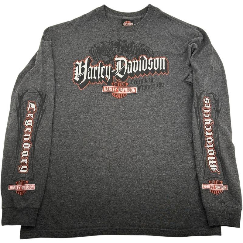 Brandneues neuestes Modell Harley-Davidson Herren Langarm-T-Shirt, Graue Weiße Schwarze Colorblock-Farben mit Logo-Print, Rundhalsausschnitt Slim Fit Moto-Stil XL gray