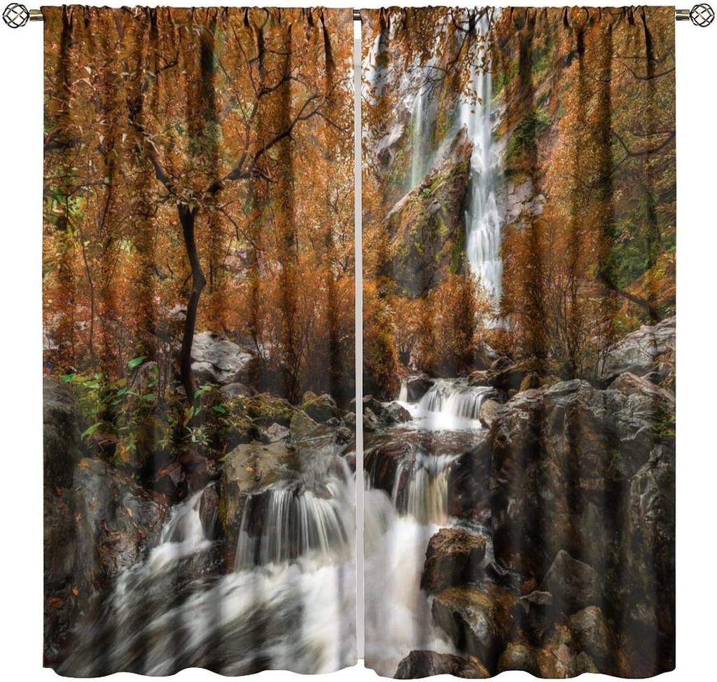 Blackout Red Forest Waterfall Windows Curtains Tree Landscape Woodland Scenic Nature Fall Scenery Art Printed Curtain Made Of Polyester Washable