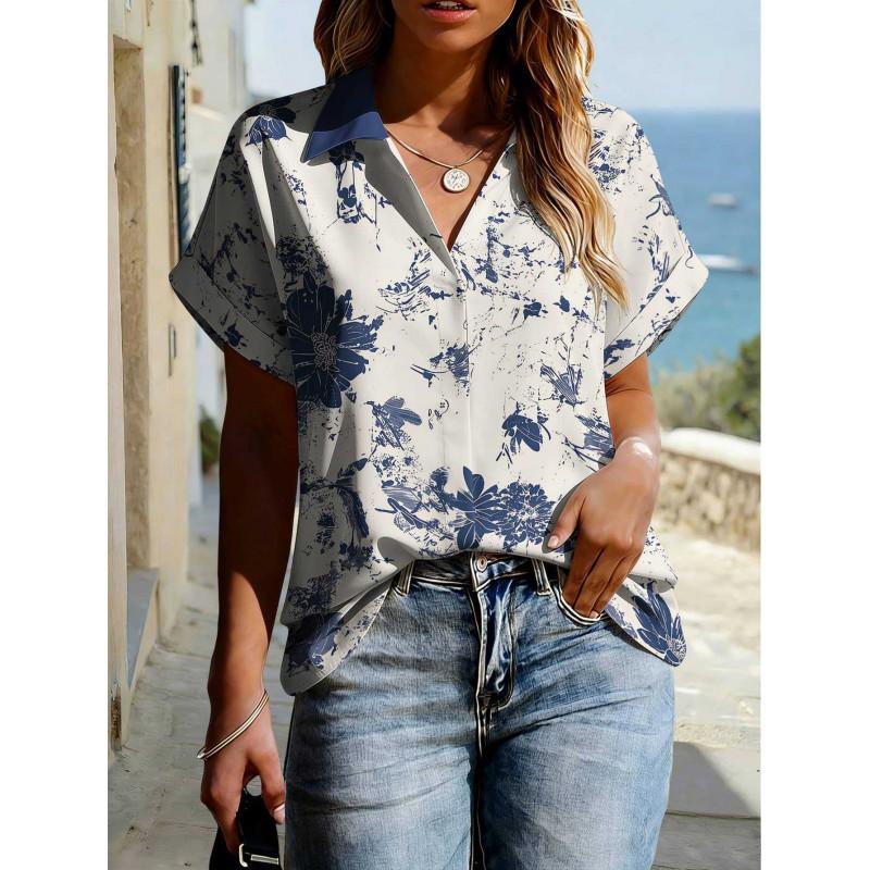 Floral Print Womens Loose Fit Short Sleeve V-Neck Top - Sleeveless Button-Free Casual Shirt Street Style