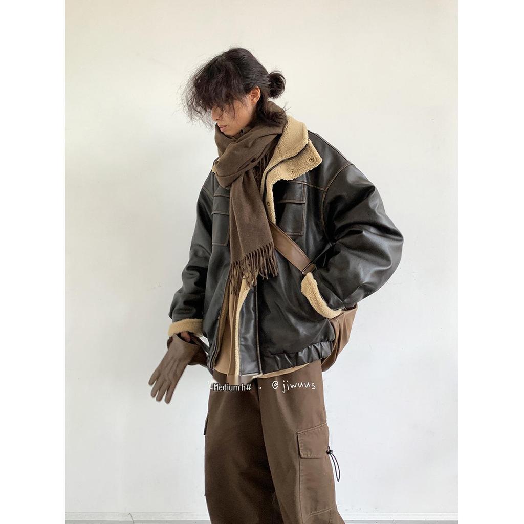 Unisex Japanese Retro Lambswool Leather Jacket for Autumn and Winter