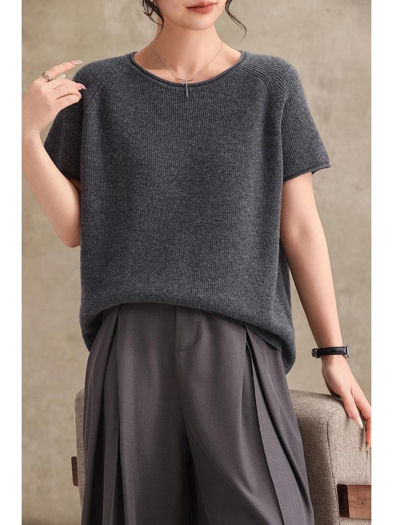 2026 Spring Women's Cashmere Wool Blend Rolled Collar Knit Half Sleeve Top