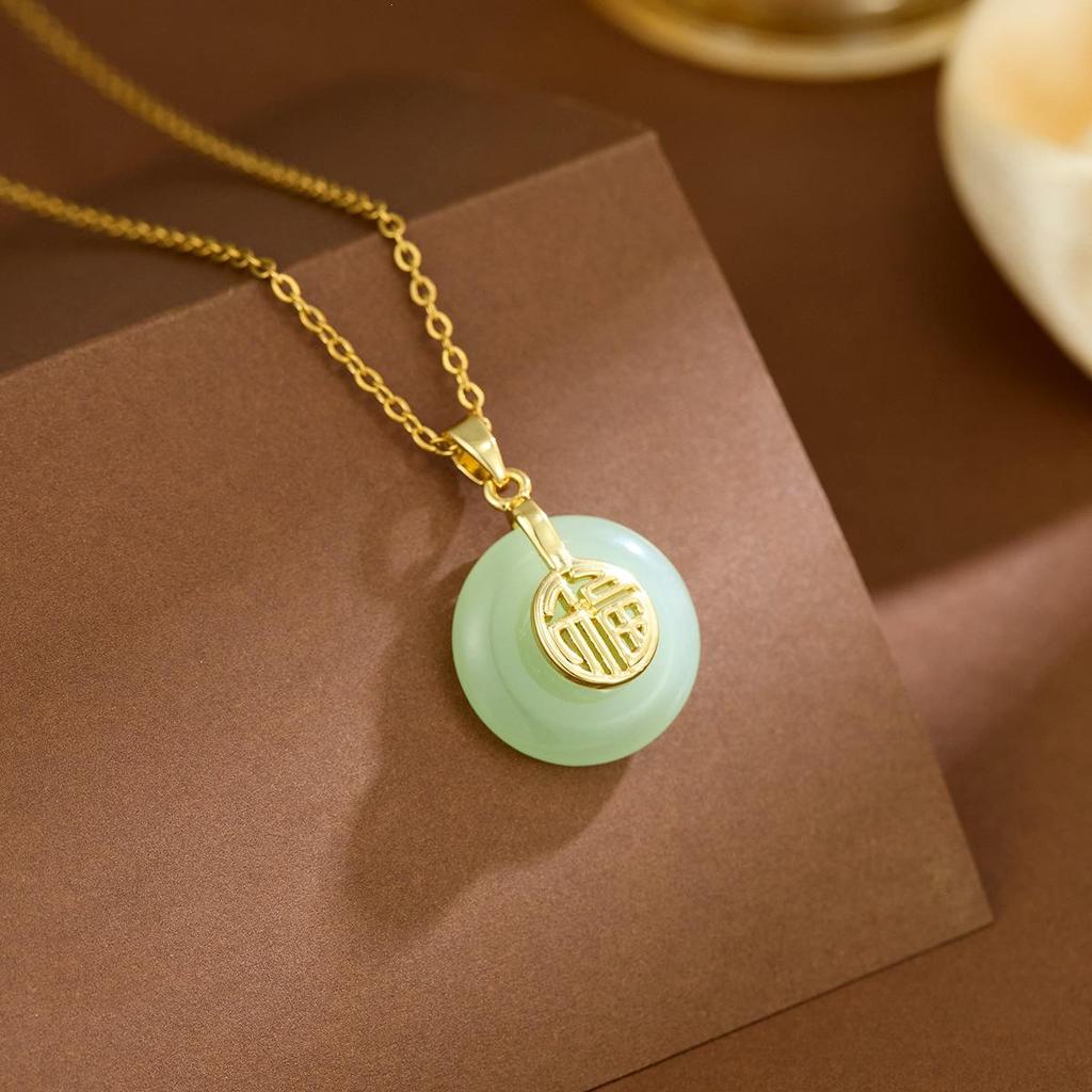 Hetian Jade Wushi Pai Pendant Necklace, Women's National Trend, Palace Style, Imitation Jade, Titanium Steel Clavicle Chain Jewelry.