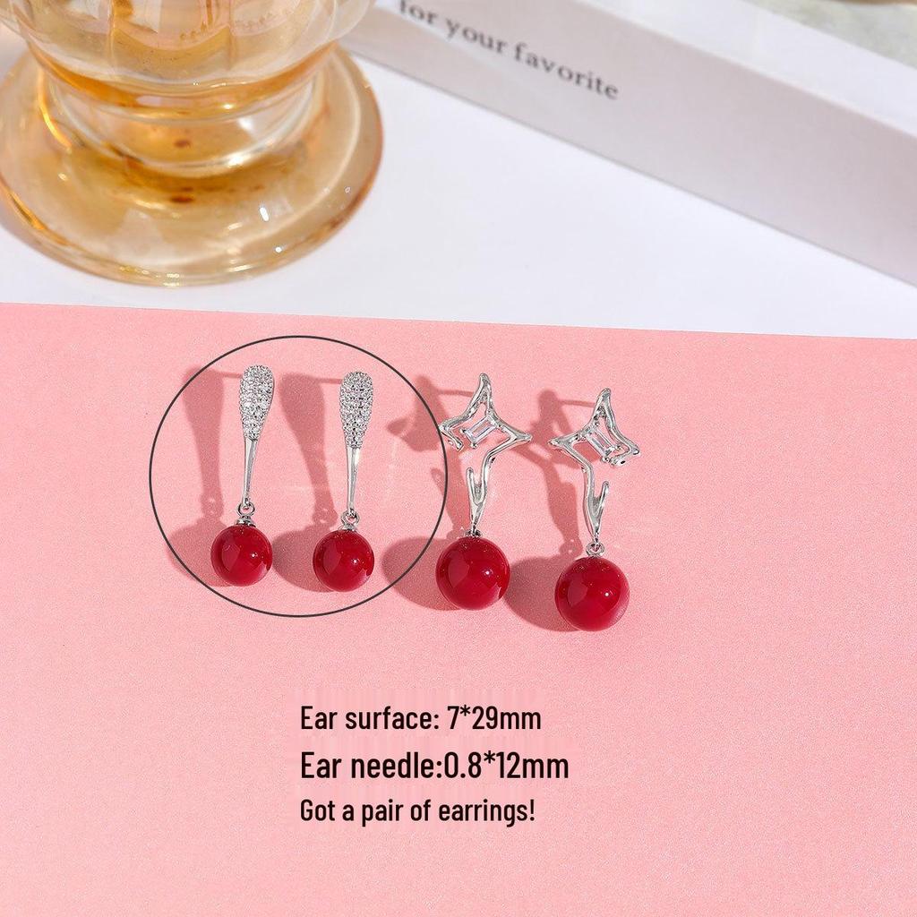Real Gold-Plated Star Red Pearl Earrings, Light Luxury, Full Diamond Water Drop, Niche Design, Versatile for Women