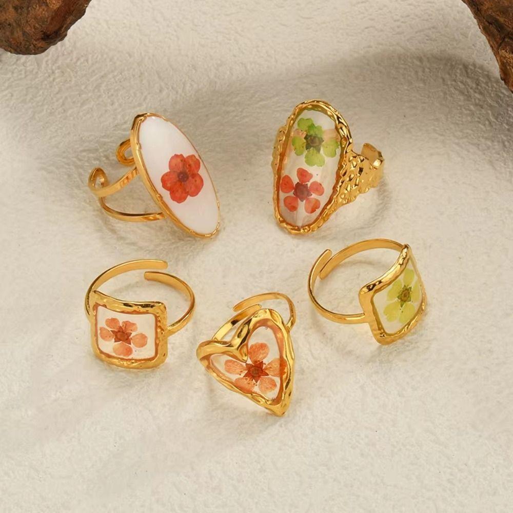Geometric Summer Transparent Ring Stainless Steel Open Ring Retro Eternal Flower Ring  Couple