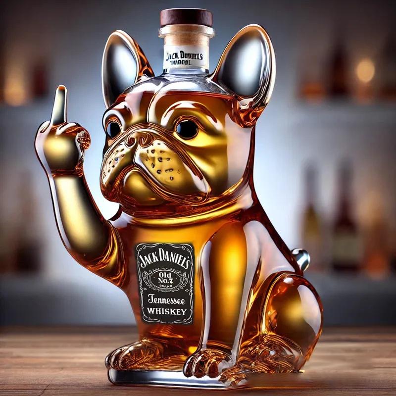 Vtipná láhev na víno buldok se vztyčeným prostředníčkem - Karafa na whisky pro žerty, bar, kancelář a domácí dekoraci