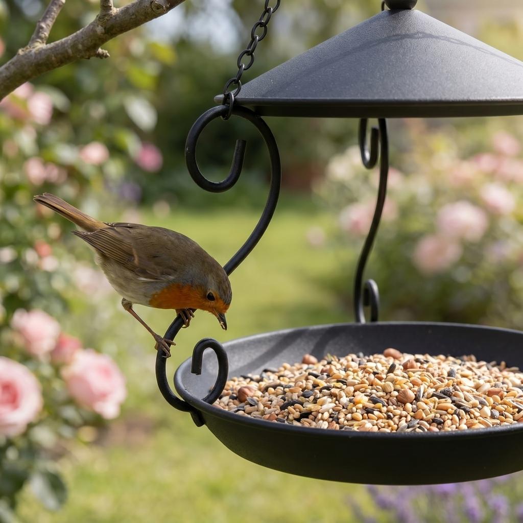 Outdoor Hanging Metal Bird Feeder with Circular Tray and Protective Roof for Garden Balcony Yard Automatic Feeding Station