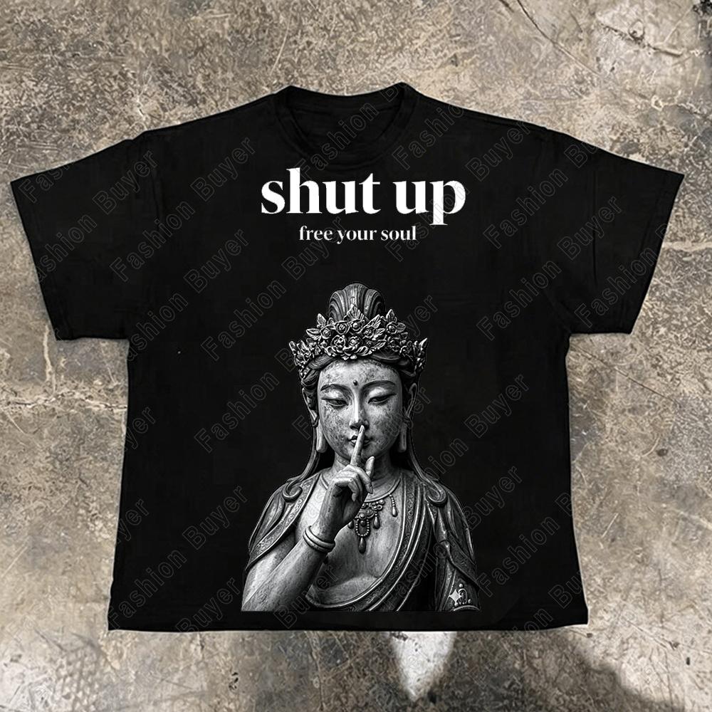 2026 Buddha Says Relax Print Tshirt Tops Unisex Shortsleeved Retro Hip Hop Harajuku Street Y2k Casual Fashion Tops Clothing