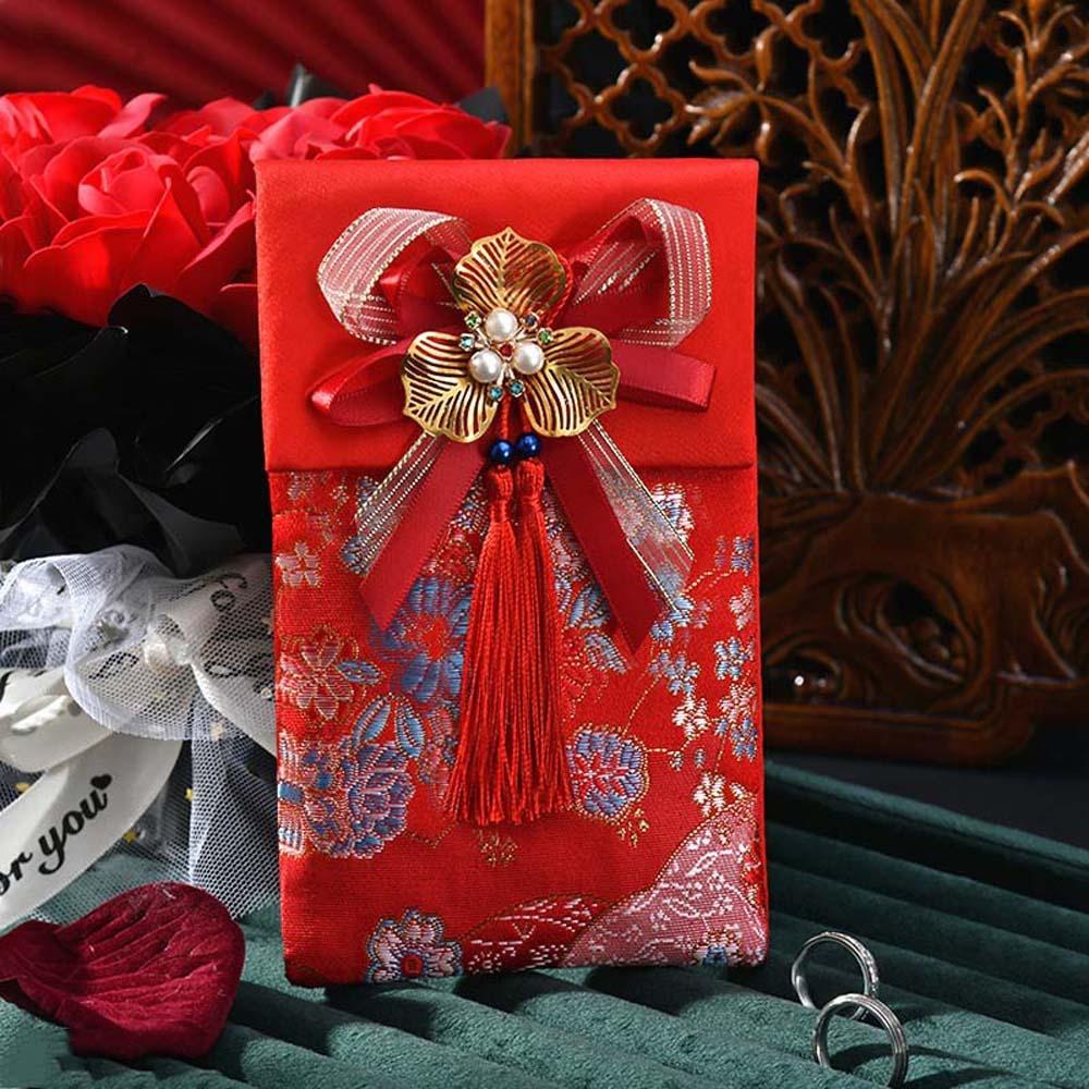 New Year Blessing Words 2025 Money Pocket Brocade Cloth Tassel New Year Money Bag Chinese Wedding