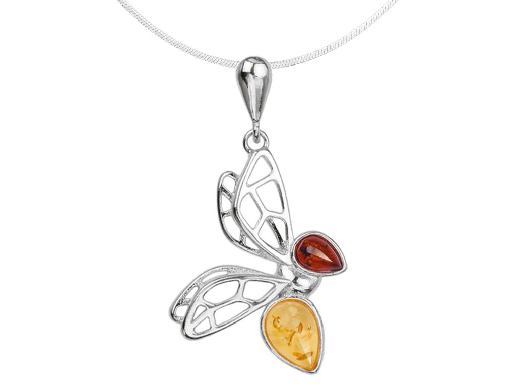 Short Silver Women' Openwork Bee Necklace with Amber Choker 40cm