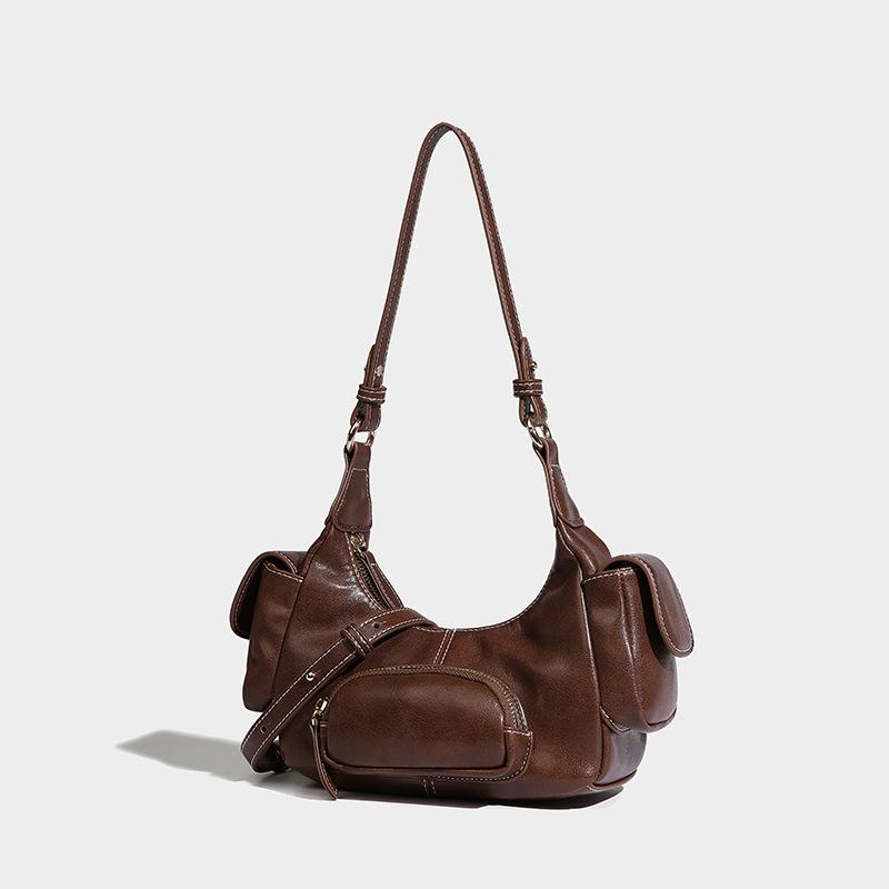 

Винтажная мотоциклетная сумка в стиле пустоши, состаренная, одноплечевая сумка, сумка подмышку, ощущение высокого класса, 2024, новая, осенне-зимняя, многокарманная сумка коричневый