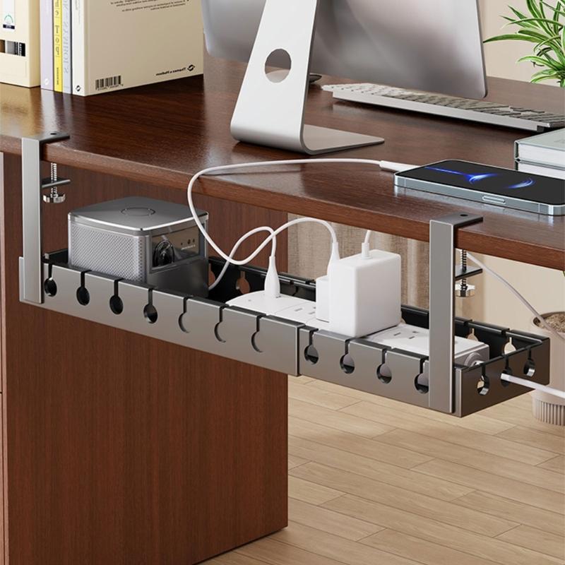 Under-Desk Cable Management Tray in Carbon Steel with Two Edge Clamps and Open Access, Extendable Power Strips Cord Holder for Stored Power