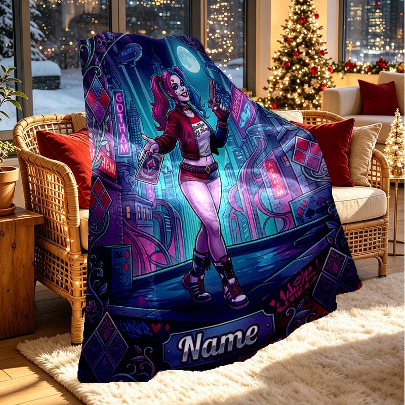 Custom Name Personalized Harley Quinn Print Blanket, Home Decor, Bedroom, Sofa, Camping, Couch, Gifts for Birthday Christmas