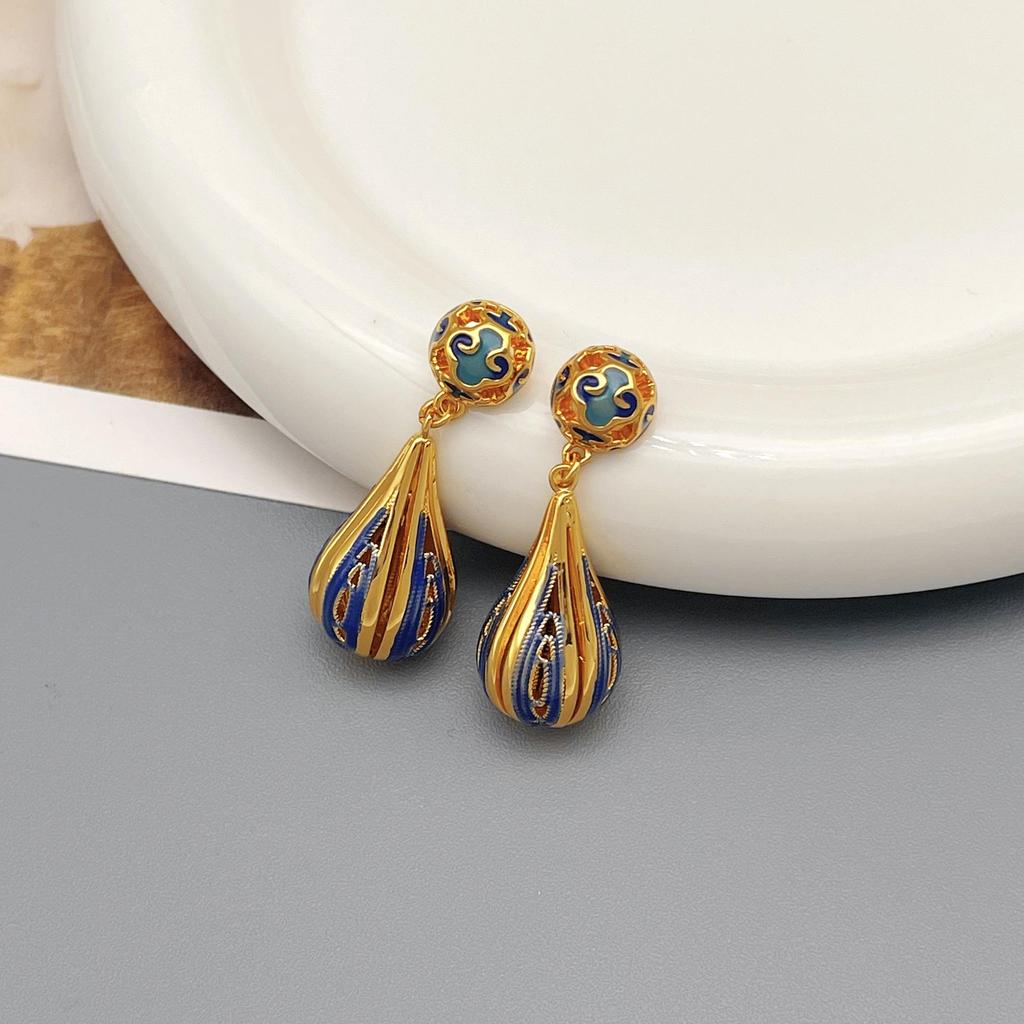 High-End Chinese Water Drop Enamel Earrings - Luxurious Long Silver Needle, Trendy Ancient Style for Women