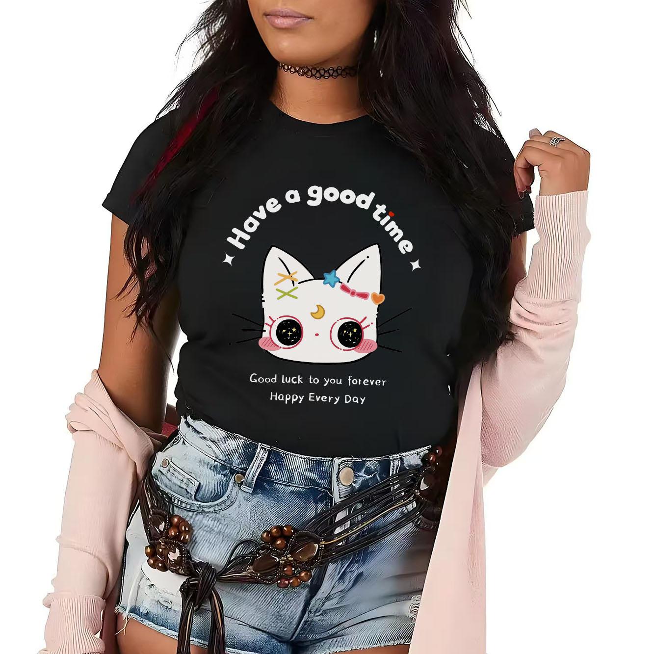 

Happy playing kitten letter printed Womens short sleeved Tshirt summer round neck daily versatile S