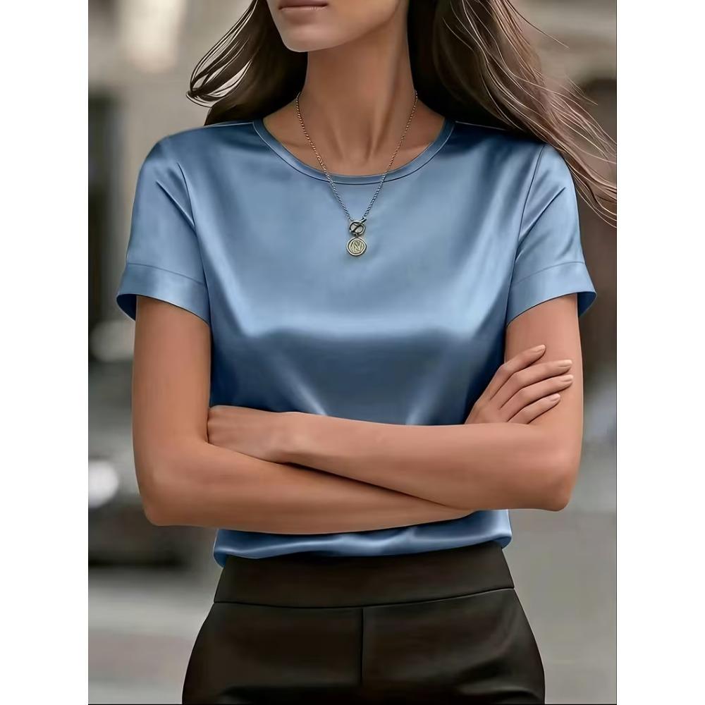 Top de satin pentru femei, nou, cu mânecă scurtă, gât rotund, bluză casual largă