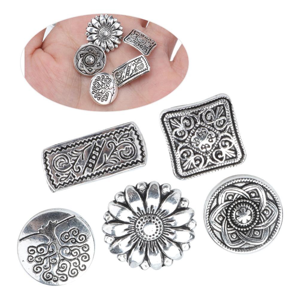 50pcs Antique Silver Flower Buttons Round Shape Engraved Buttons Metal Buttons For DIY Projects