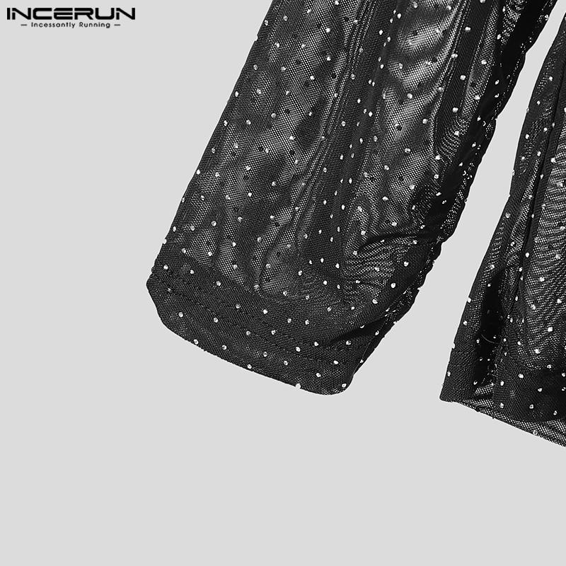 INCERUN Men Long Sleeve Mesh Sheer See Through Tops Skinny T-Shirts