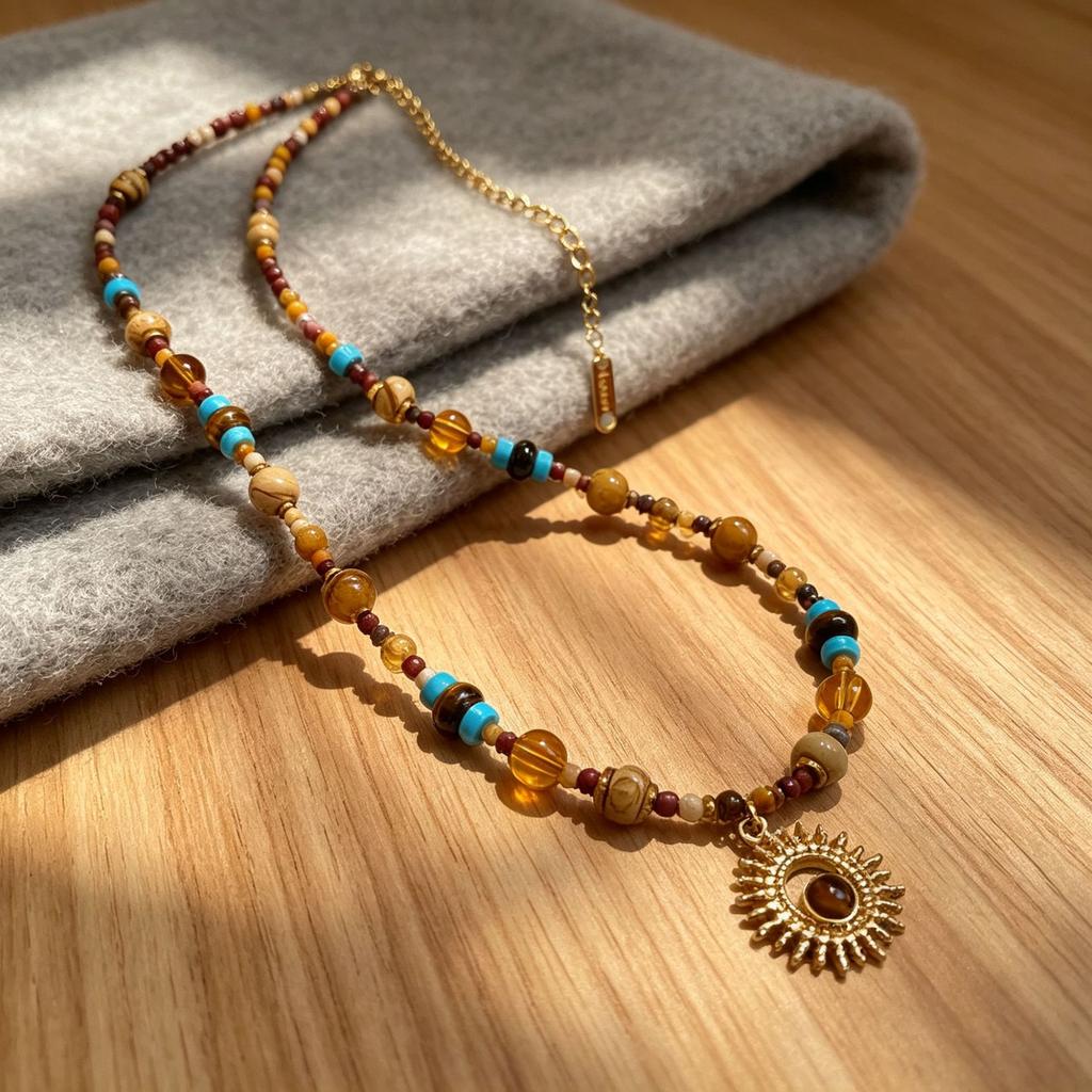 Ethnic Style Light Luxury Color Beaded Sun Flower Tiger Eye Pendant Necklace Vacation Style Niche Retro Collarbone Chain Lady
