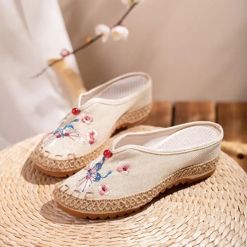 

Модные шлепанцы на танкетке, цвета экрю, мюли, винтажные женские тапочки и женские сандалии для улицы, оригинальная обувь Y W F 35