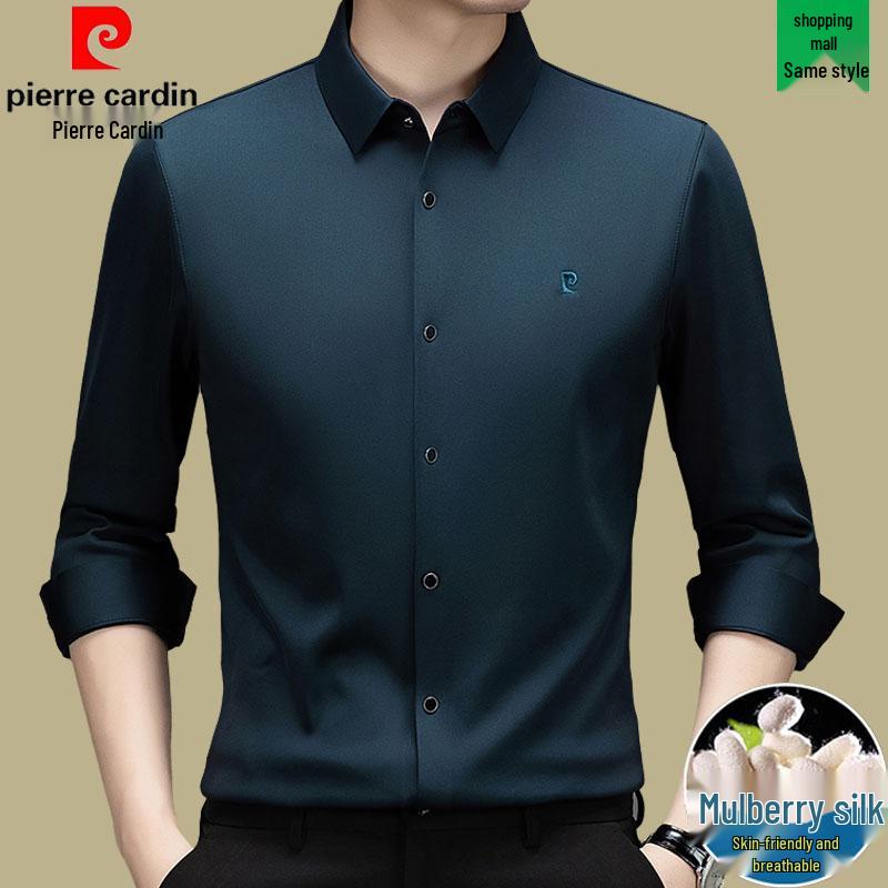 Pierre Cardin Men's Long Sleeve Mulberry Silk Shirt - Iron-Free, Plus Velvet, High-End Business Casual for Autumn/Winter