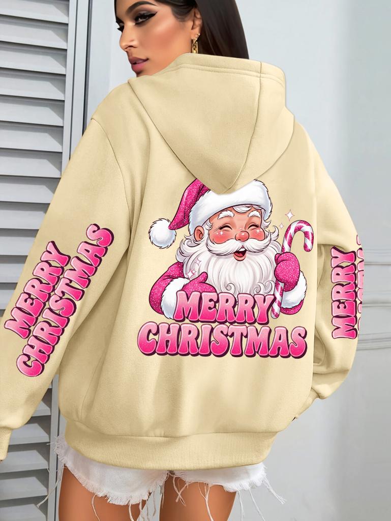 Merry Christmas Pink Santa Claus Printed Hoodies Women Pocket Fleece Hoodie Autumn Multicolor Sportswear Hip Hop Loose Clothes