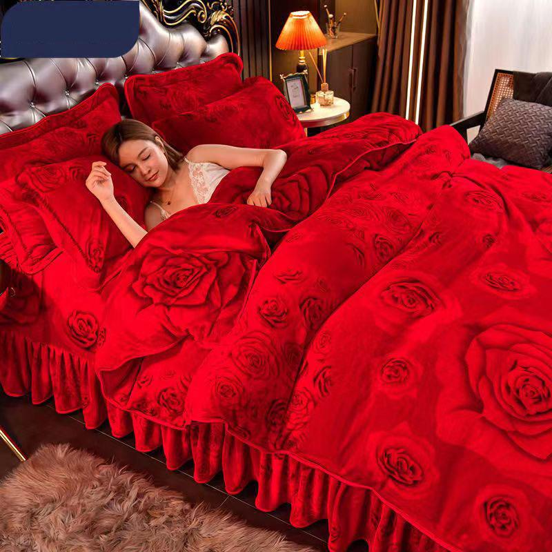 King Size/Queen Size/Twin Size Winter Milk Fleece Postýlka Sukně Povlak na polštář Povlak na polštář Čtyřdílná sada Zahuštění Teplé Jednoduché povlečení Vysoká kvalita