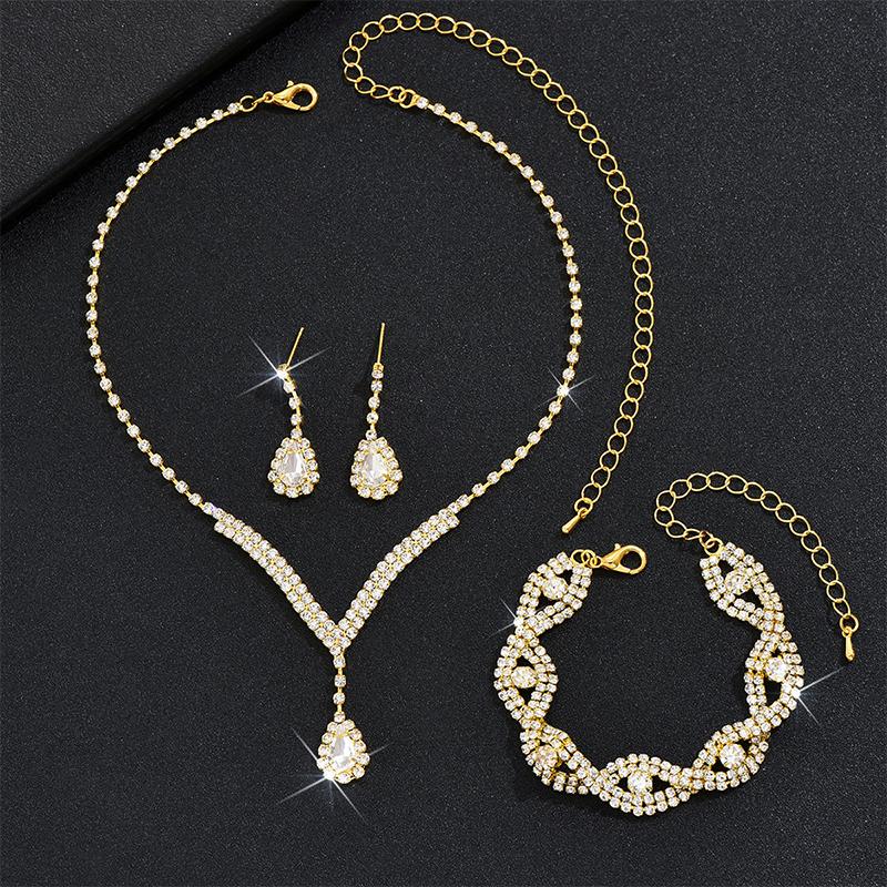 1Set Luxury Exquisite Rhinestone Bride Jewelry Set For Women Girls Fashion Simple Water Drop Earrings Necklace Bracelet Gifts
