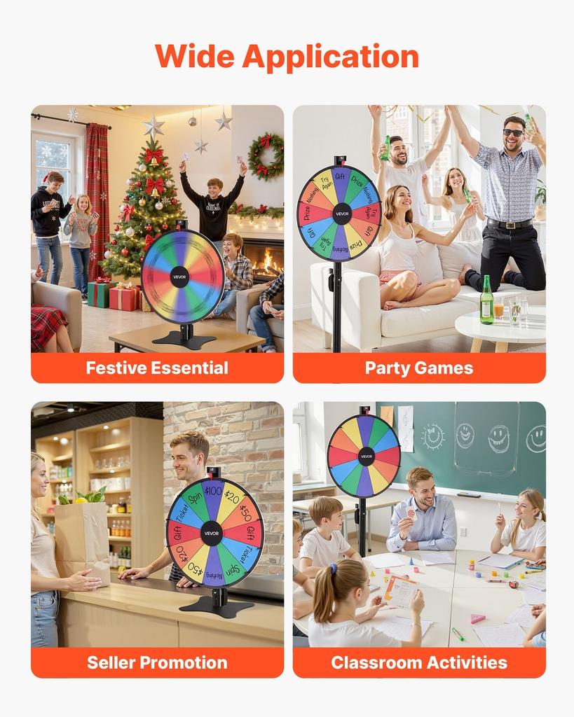 610 mm Spinning Prize Wheel, 12 Slots Spinning Wheel with Stand, Adjustable Height Win Fortune Roulette with a Dry Erase and 2 Markers, 6 Colors, Easy