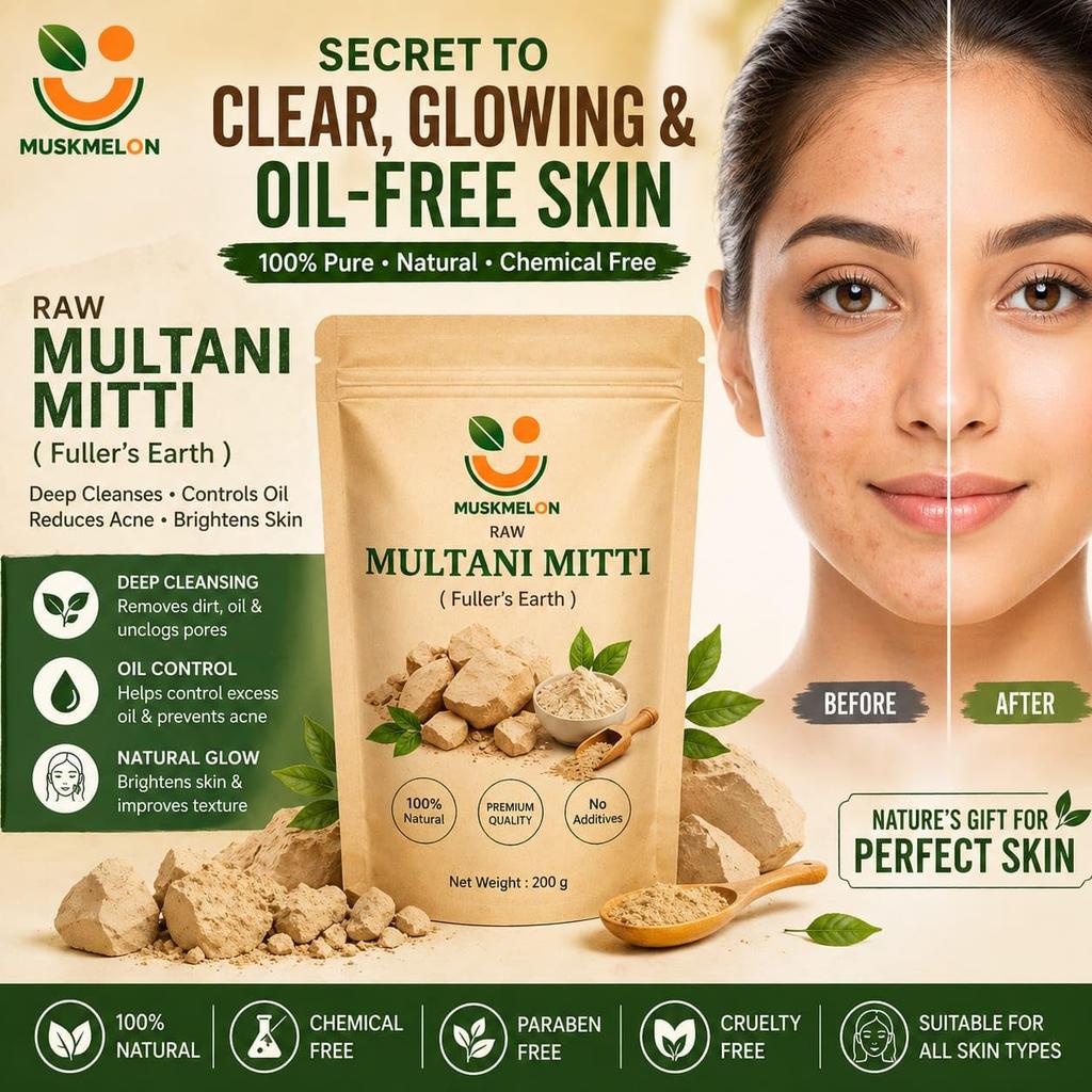 Muskmelon Raw Multani Mitti Powder 200g | 100% Natural Fuller’s Earth for Face & Hair | Oil Control, Acne Care, Deep Cleansing, Skin Brightening