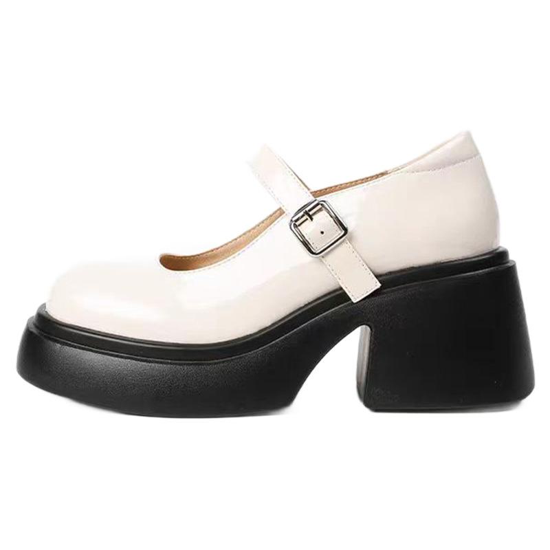 Light Man Home Mary Jane Women's Shoes New One-word Belt Platform Heel High Heels Leather British Style Small Leather Shoes