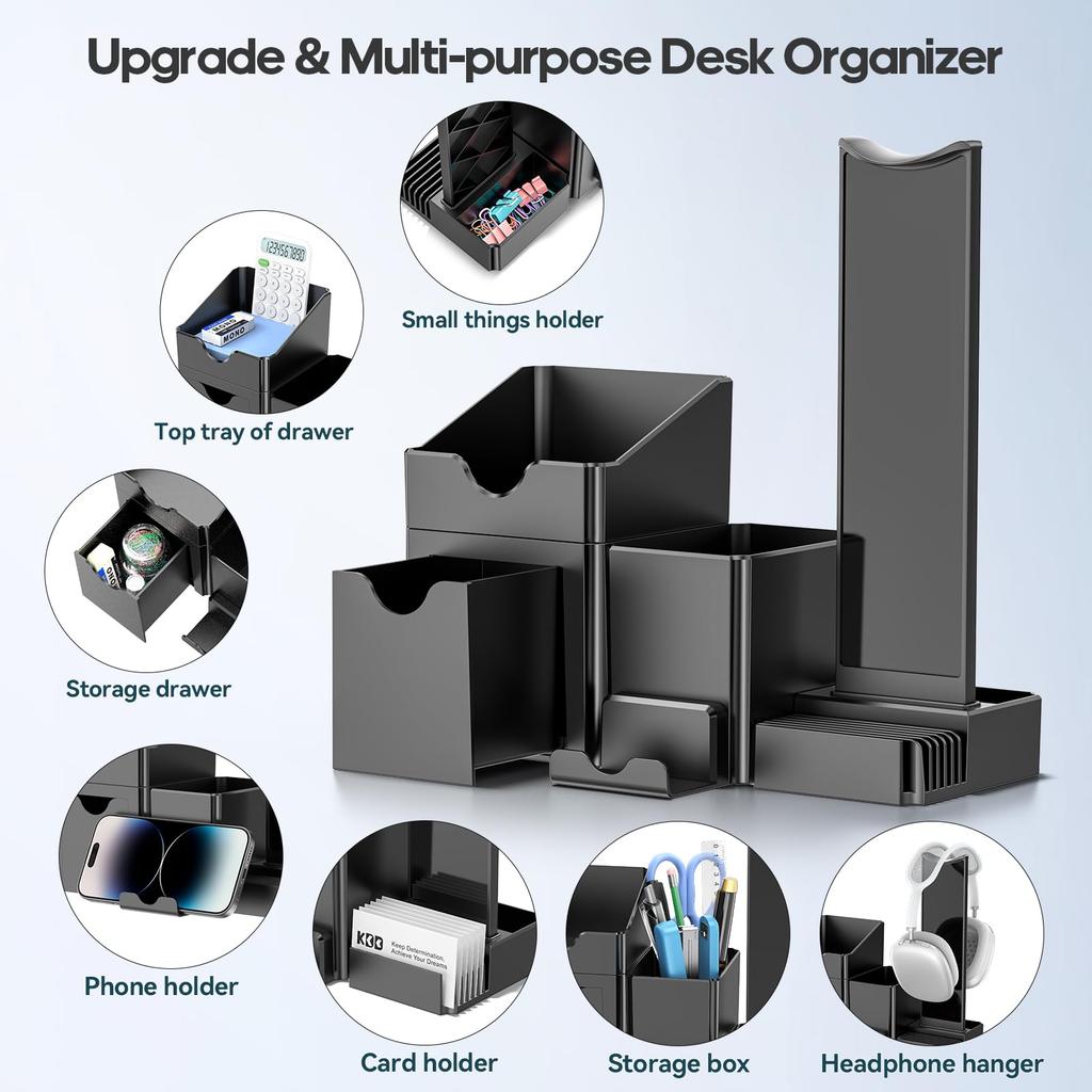KDD Stylish Pen Holder, Large Capacity Pencil Holder with Drawer, Headphone Hanger, Smartphone Stand, Multifunctional Desk Organizer for Stationery,