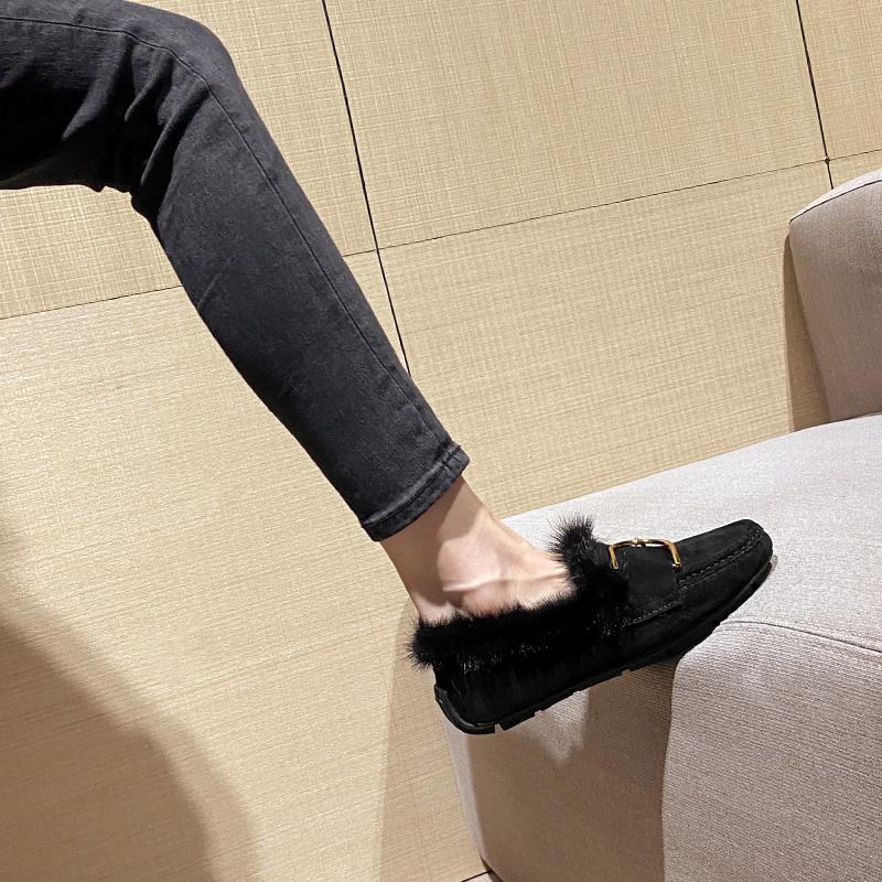 Luksusowe Futrzane Mokasyny Damskie Zimowe Bawełniane Buty Damskie Ciepłe Wsuwane Płaskie Buty do Chodzenia Futrzane Loafersy Buty ze Skóry Świńskiej