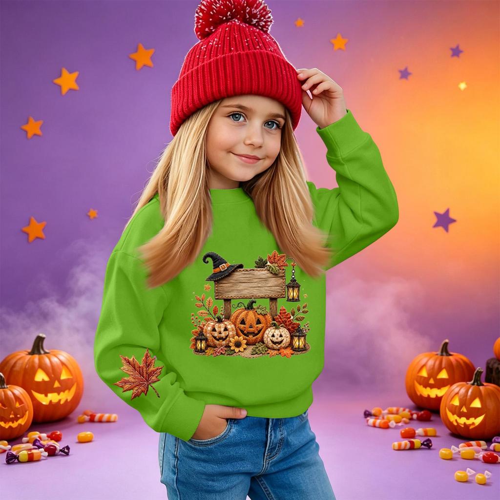 Kids' casual long-sleeved sweatshirt with Halloween print, suitable for holiday parties and everyday wear.