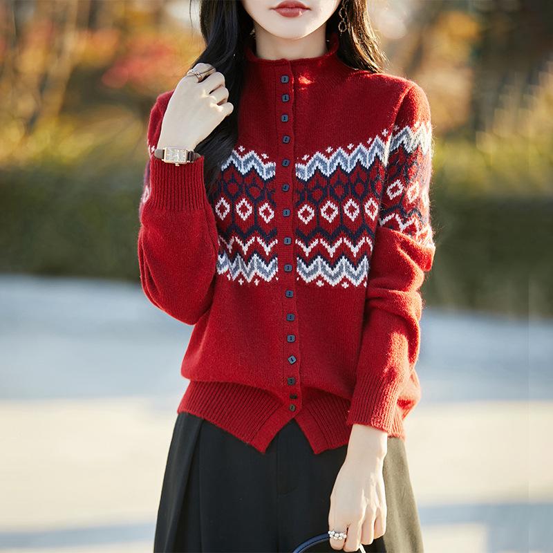 Chic Textured Color Block Jacquard Sweater: Women's Semi-High Neck Loose Knit Cardigan for Spring & Autumn
