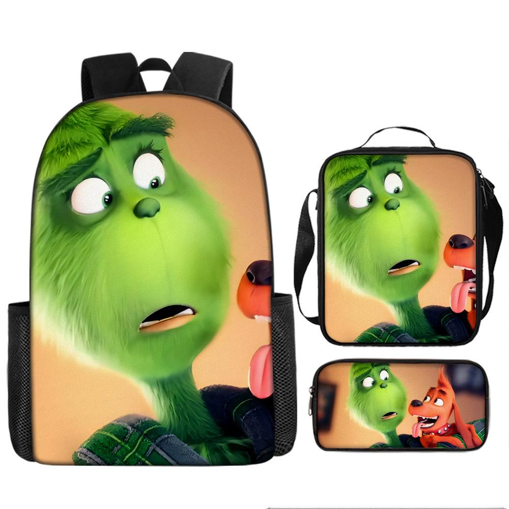 Green Hair Monster Grinch School Bag Campus 12345th and 6th Grade Backpack Lightweight Weight Loss Computer Bag Three-piece Set