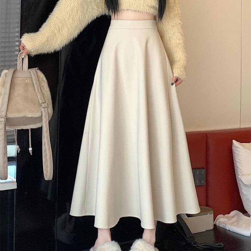 White High Waist Woolen A-line Pleated Skirt for Women - Long, Thickened, and Perfect for Autumn/Winter