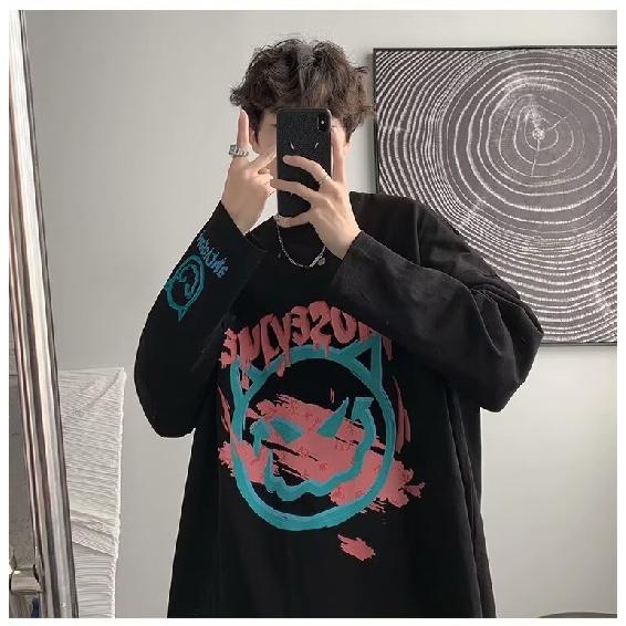 2024 Men's Long-Sleeved T-shirt Autumn Undershirt Long Sleeve Cotton Autumn Hong Kong Style Printing Loose Trendy Top