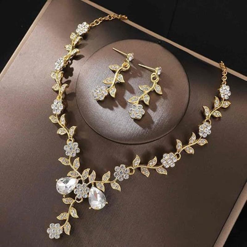Rhinestone Water Drop Necklace Earrings Jewelry Set Women's Banquet Dress Matching Accessories