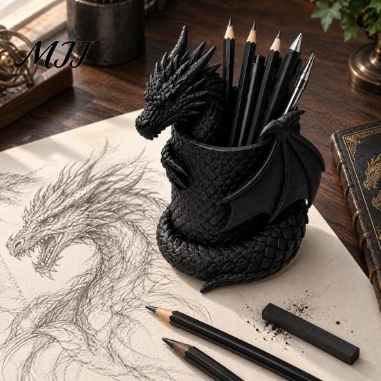 Detailed Sculpture Pen Stand 3D Printed Gothic Dragon Holder, Coiled Figurine Stationery Cup, Office Decor Fantasy Desk Organizer, Halloween Tabletop