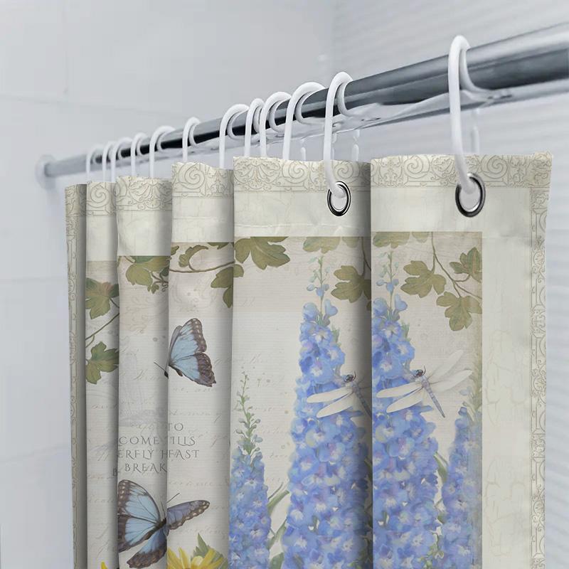High-Quality Floral Shower Curtain With Rustic Bathroom Decor In Blue Yellow Colors Printed Fabric Waterproof Washable For Home