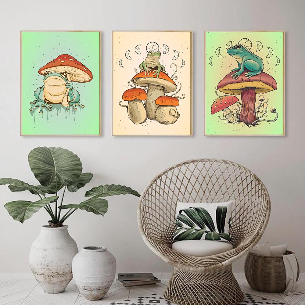 Home Decor Cottagecore Frog Mushroom Canvas Painting Pictures Wall Art Prints Fairy Frog Hiking Modular Poster For Living Room