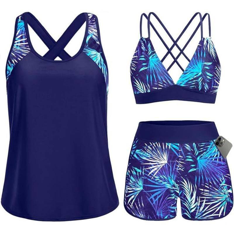 Costume da Bagno Intero a Tre Pezzi da Donna con Tasche Design Incrociato Bellissimo Dorso Bikini Boxer Costume da Bagno Sportivo