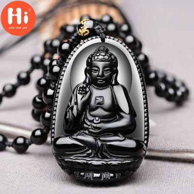 Hi Fashion Women Gift For Men Rope Natural Obsidian Buddha Bead Black Buddha Pendant Necklace Chain