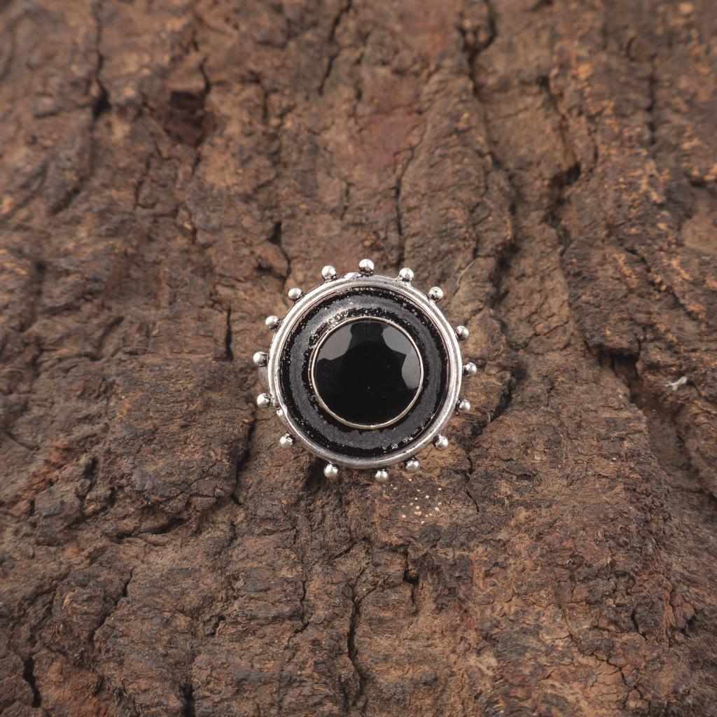 Round Black Onyx Gemstone Statement Eternity Friend Gift Ring Sterling Silver RR-49-19