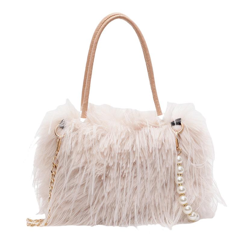 Imitation turkey feather niche simple women's bag 24 new autumn and winter handbag fashion pearl fringed hair messenger shoulder bag